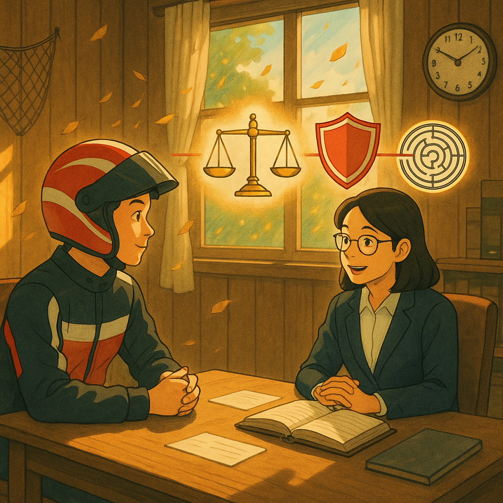 吉卜力式溫暖光影下，台灣年輕車手與律師在木質辦公室對坐，桌面漂浮天秤、盾牌、紅線與迷宮圖示，窗外微風與落葉象徵風險；角落有錯誤捕捉網與時鐘，寓意防錯機制與時效。