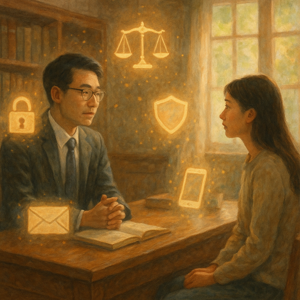 溫柔午後光裡，台灣律師與當事人在木質事務所對談，周圍漂浮鎖與盾牌與天平、信封與手機幻化的光粒，象徵妨害秘密與行動建議；手繪質感、柔色與自然光，具電影感的沉浸氛圍，奇幻而真實，無文字。