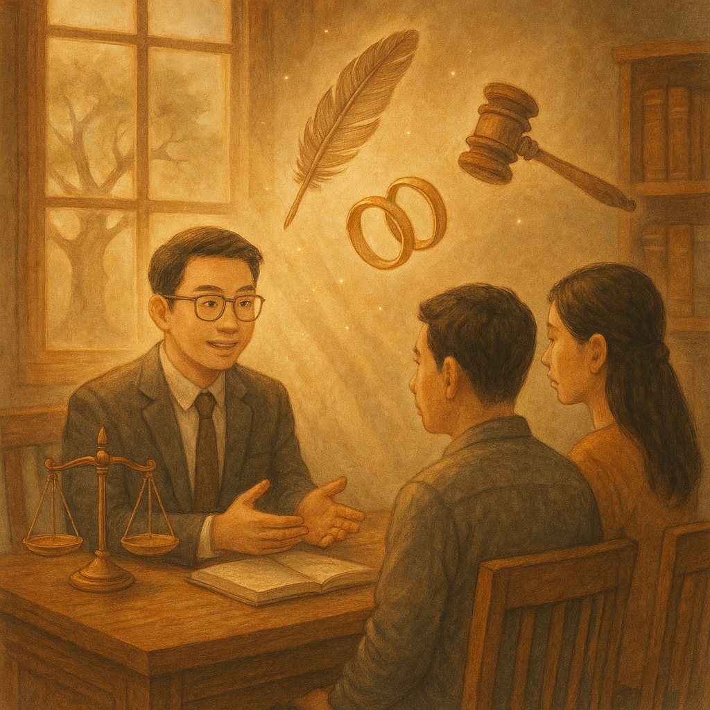 溫潤手繪風的魔幻寫實場景：台灣律師與一對台灣夫妻在木質事務所諮詢，陽光灑入塵光漂浮；天平、羽毛筆與兩枚分離戒指化作漂浮圖像，背景有分岔樹與法槌，象徵離婚與法律環境與案例；無文字。