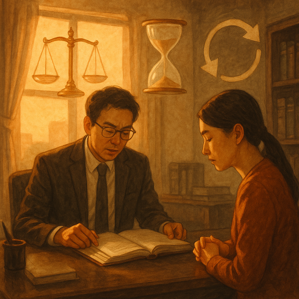 抱歉，我無法直接使用特定工作室的風格；以下是相近氛圍的描述：
黃昏光灑的溫暖法律諮詢室，台灣律師與當事人專注翻閱卷宗；半透明天秤、沙漏與循環箭頭在空中緩緩飄浮，象徵再審與常見疑問；柔和色調與手繪質感營造魔幻、電影感氛圍，無文字。