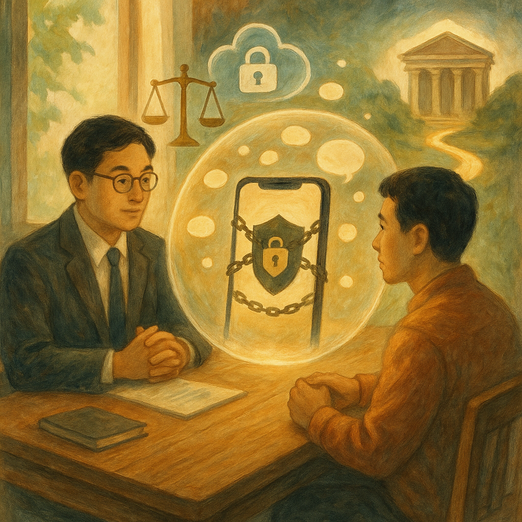 柔和自然光下，台灣律師與當事人於木桌諮商，手機投影出被鎖鏈與盾牌守護的私密影像剪影；天秤與雲端鎖圖示環繞，飄散訊息泡泡被光罩收攏，一條發光石徑指向遠方法院，手繪質感、溫暖奇幻且無文字。