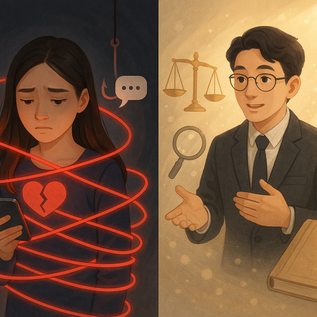 左右對比構圖：左側台灣女子獨自被發光紅線與假心形圖示纏繞，手機訊息泡泡與魚鉤漂浮；右側暖光中台灣律師溫和引導，天秤、放大鏡與無字卷宗環繞，自然光灑落，柔和手繪質感、夢幻光點飄散，全畫面無文字