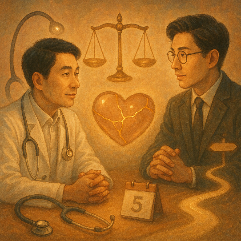 柔光下,台灣醫師與律師對坐諮詢,表情細膩,發光天秤與聽診器環繞;金繕修補的玻璃心、日曆與路徑指引象徵結論與行動,溫暖手繪奇幻電影感氛圍,無文字。
