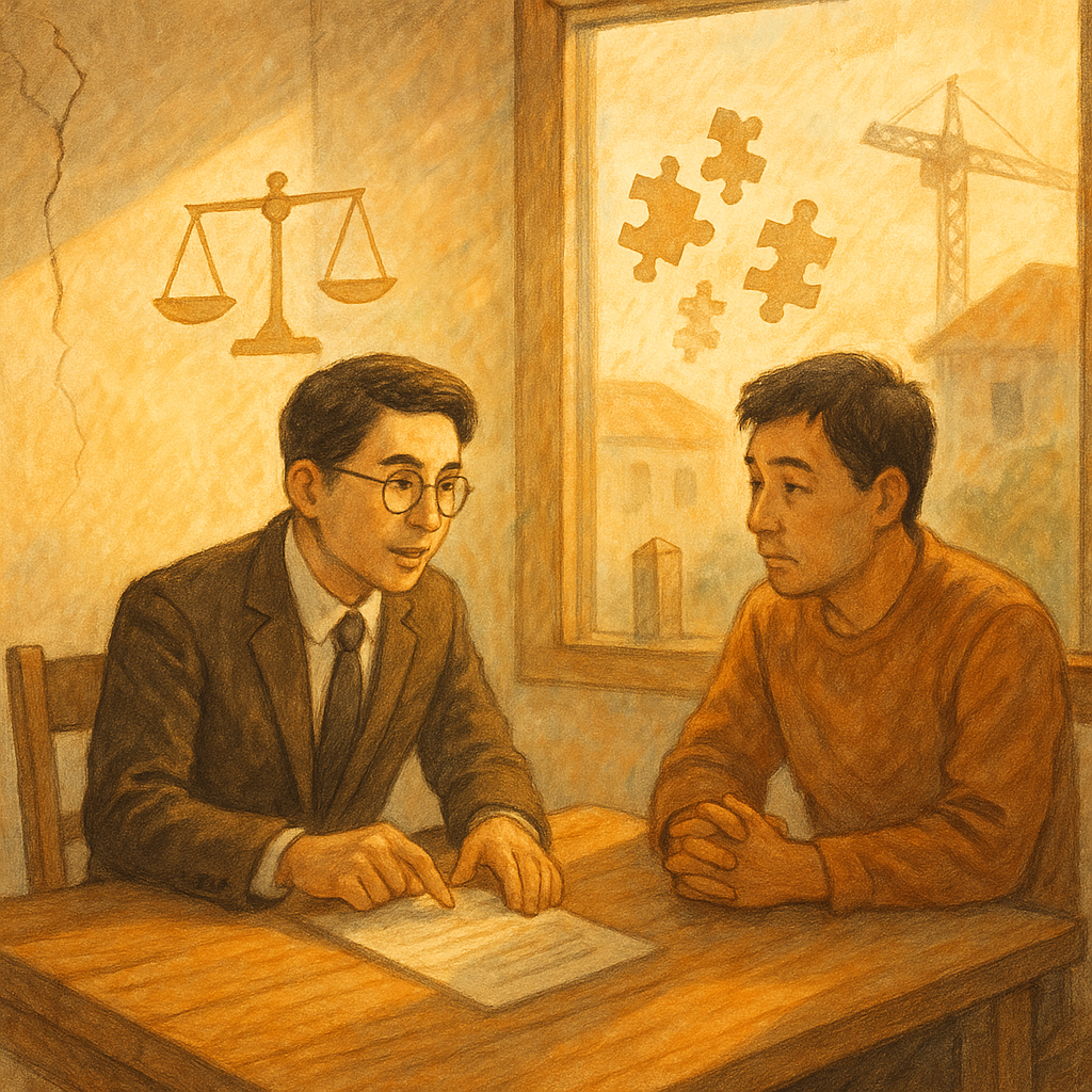 溫暖自然光下，台灣律師與住戶在木桌前協商，手繪質感；天平與拼圖碎片化作光影漂浮，象徵談判設計；鄰房牆面細裂與界樁柔和呈現，遠處工地吊臂剪影提醒鄰損風險，無任何文字。