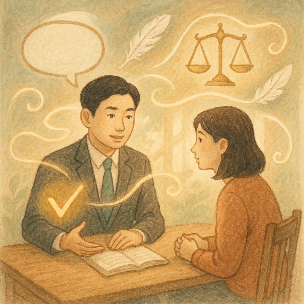 溫暖自然光下,台灣人律師與當事人於木桌對談,周圍漂浮無字對話泡泡、羽毛與天秤,化作柔光路徑與勾勾符號指引行動;手繪質感、柔和色彩、奇幻寫意,寓意妨害名譽之法律諮詢與結論建議。