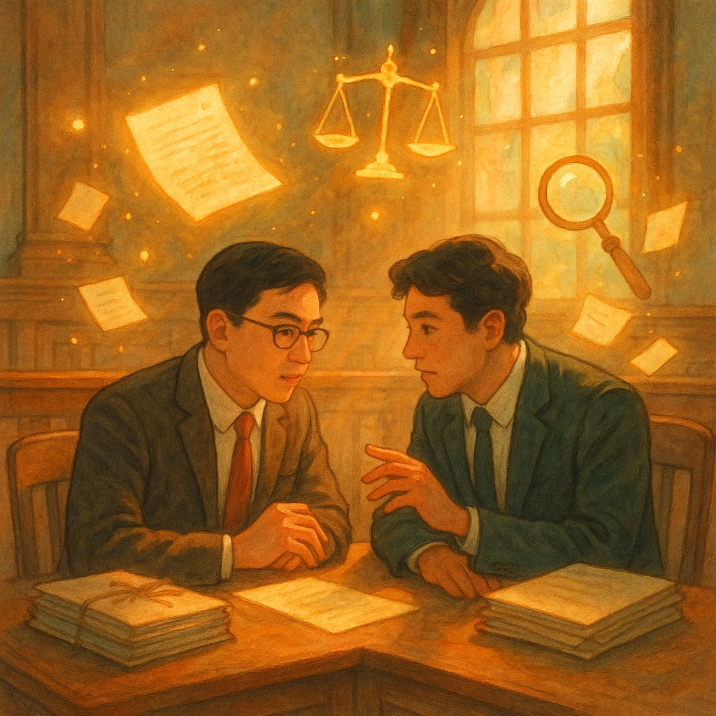 高解析度、溫暖奇幻的手繪動畫風：日光灑入木質偵查庭，台灣檢察官與辯護律師低聲會談，卷宗化作漂浮光頁與天秤、放大鏡等符號環繞，呈現案例研究與策略啟示的思考流動；自然光、柔色、手繪質感細節豐富，畫面無文字。