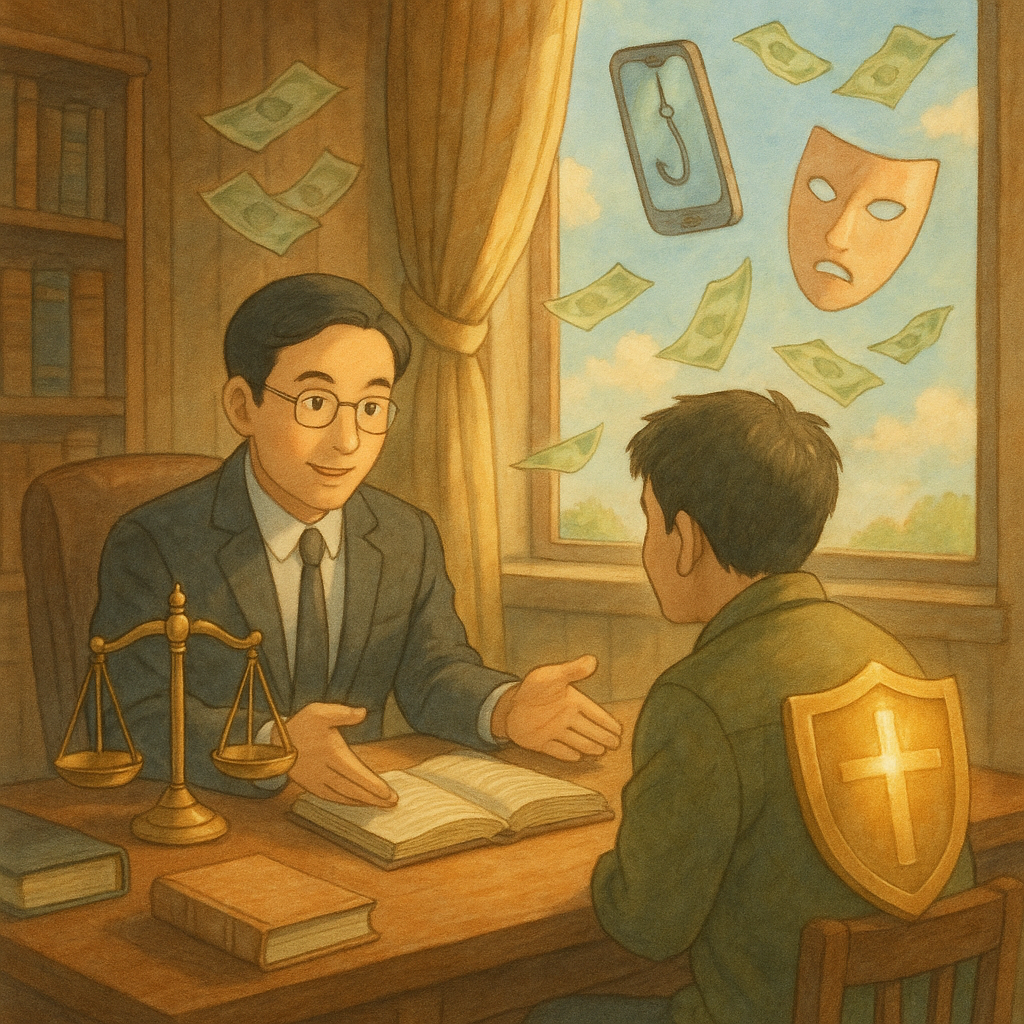 高解析度吉卜力感柔光手繪插畫：台灣律師在木質陽光事務所溫柔諮詢台灣受騙民眾，桌上天秤、卷宗與發光盾牌；窗外漂浮魚鉤手機、假面與散落紙鈔幻影，象徵詐欺罪與行動建議。全景溫暖、奇幻無文字。