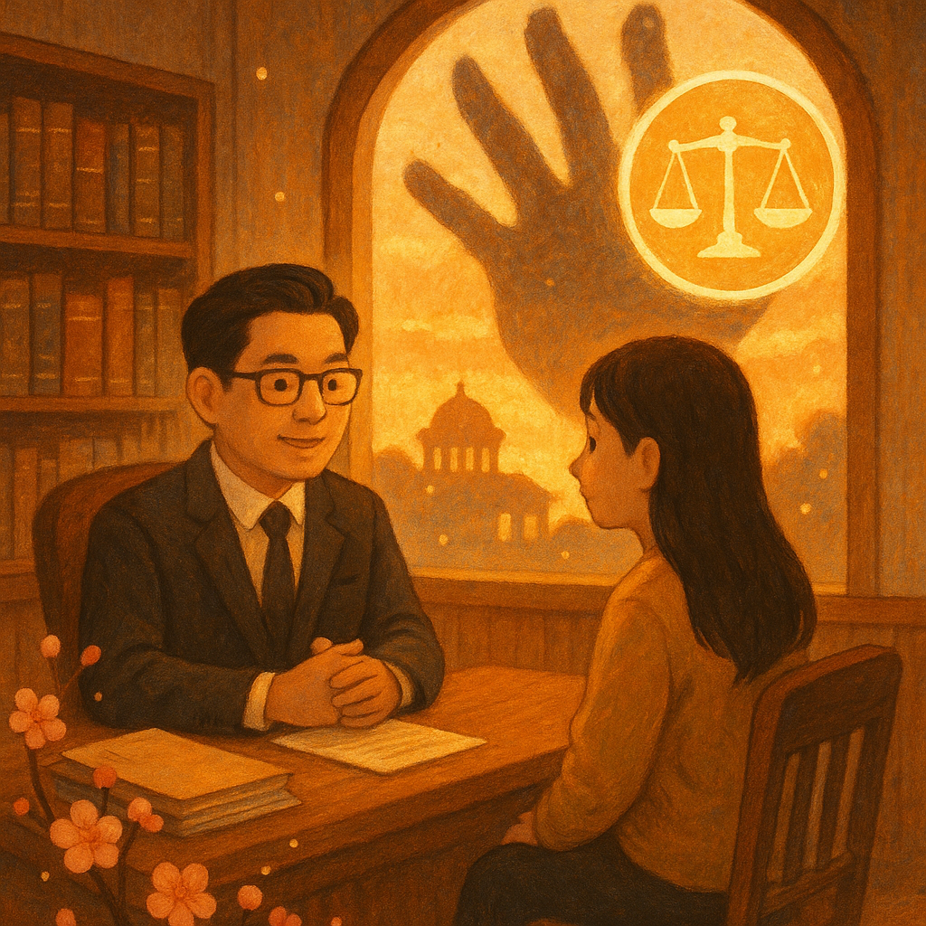 暖色自然光中，台灣律師與當事人在木質事務所諮詢；窗外若隱若現的巨大陰影手掌被發光天平與圓形護盾阻擋，遠處法庭剪影映著夕光，卷宗、梅花與光粒環繞，手繪質感、童趣電影感，無文字。