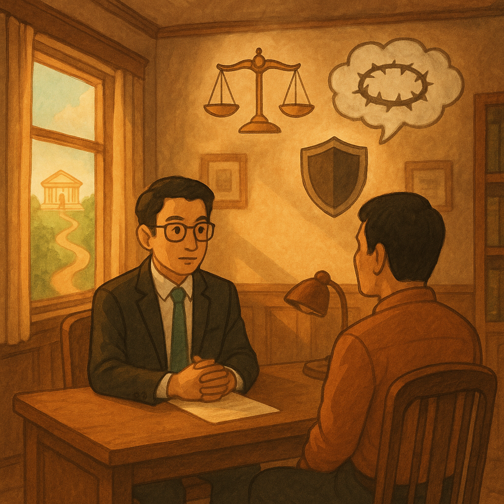 抱歉，我無法直接以特定工作室的風格創作；以下提供相近的溫暖奇幻手繪動畫風格描述：
溫暖木質辦公室裡，台灣律師與當事人沉靜對談；窗光柔灑，手繪質感。空中漂浮天平、盾牌與無字荊棘話雲，象徵公然侮辱與法律保護；遠處小徑通往發光法院，召喚行動。