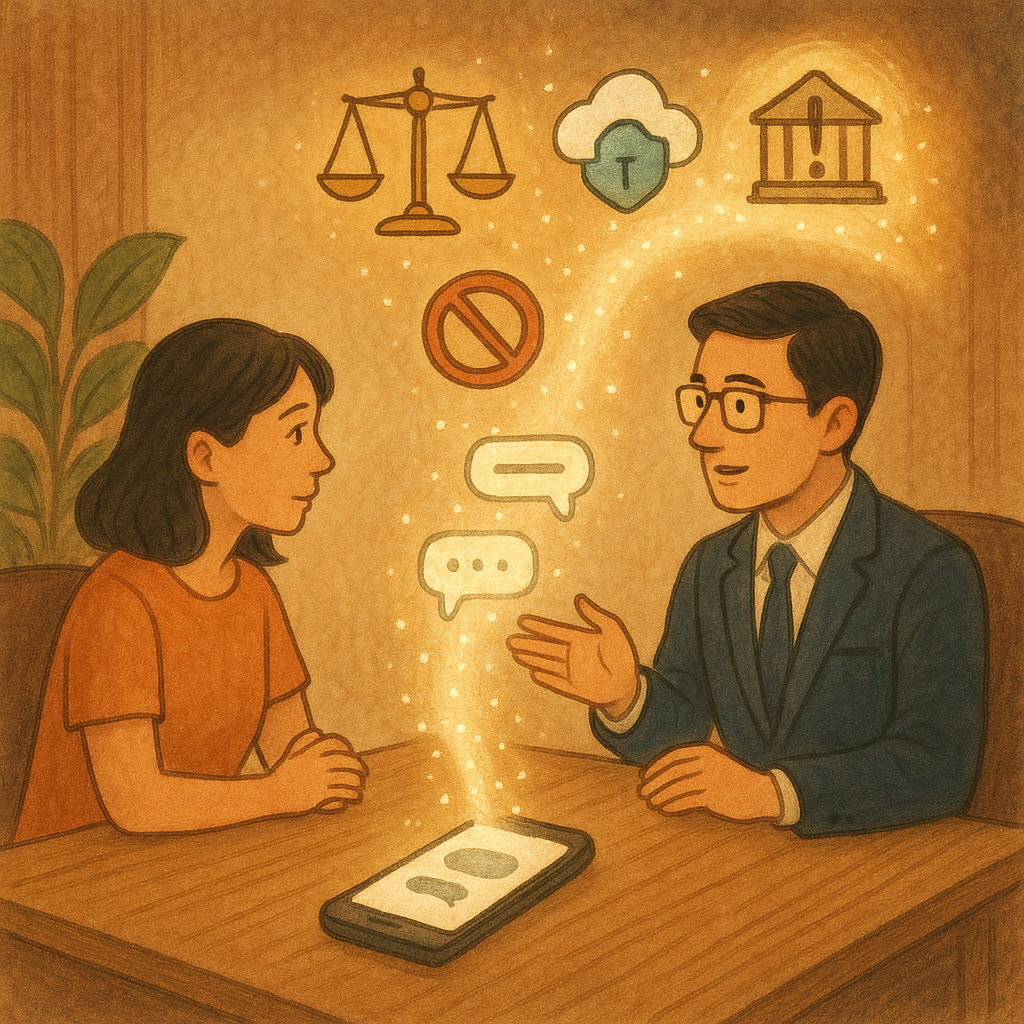 溫暖手繪質感下，台灣女子與台灣律師在木質諮詢室對坐；手機映出聊天泡泡，旁環繞天秤、盾牌、雲端檔案、法條卷軸與刪除圖示化作光粒，引路至報案、申訴與下架流程的幻想光徑，無文字。