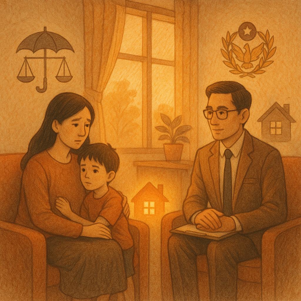 抱歉，我無法直接套用該特定風格，但可提供相近氛圍的視覺描述：
黃昏溫暖諮商室內，台灣母子與台灣律師低聲相談；柔和自然光與手繪質感中，天平雨傘警徽與發光小屋環繞，象徵家暴求助與保護，寫實與奇幻平衡，畫面無文字。