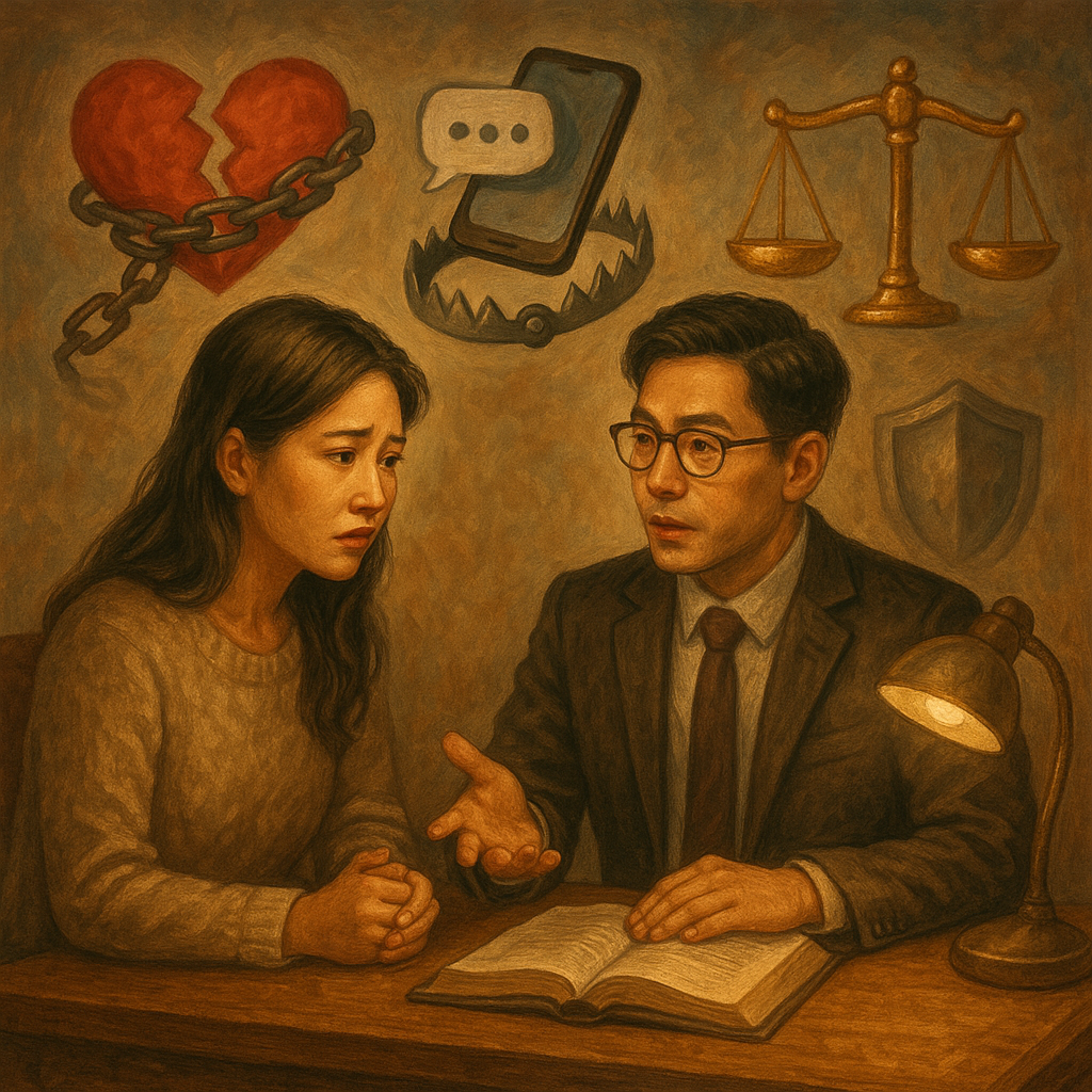 抱歉，我無法直接參照特定工作室的風格，但可提供具相似氣質的圖像描述：

高解析奇幻電影感插畫：台灣女子向專業台灣律師諮詢，營造常見問題情境。周圍漂浮象徵物—碎裂愛心成鎖鏈、手機與聊天泡泡化為陷阱，天平與盾牌微光守護；手繪質感、溫暖色調，無文字。