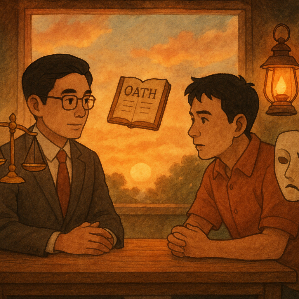 抱歉,我無法直接以特定工作室的風格創作,但可提供相近的溫暖手繪奇幻動畫風描述:
夕陽下,台灣人律師與當事人於木桌對談;天光灑落,手繪質感溫暖、魔幻寫實。漂浮天秤、誓言書、破裂面具與指引燈籠象徵偽證與行動路徑,無字。