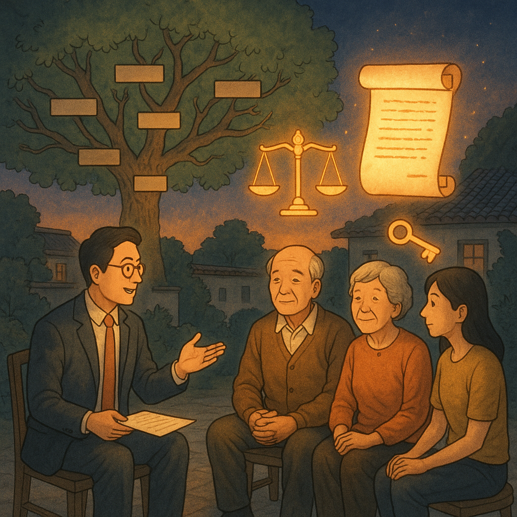 抱歉，我無法直接仿某特定當代工作室的風格；以下提供相近的手繪動畫感描述。

電影感暮色庭院中，台灣律師與長者家族圍坐，柔光灑落。高精緻手繪質感的家譜樹與發光遺囑卷軸、天秤與屋鑰漂浮其間，象徵繼承諮詢的結論，溫暖而奇幻。