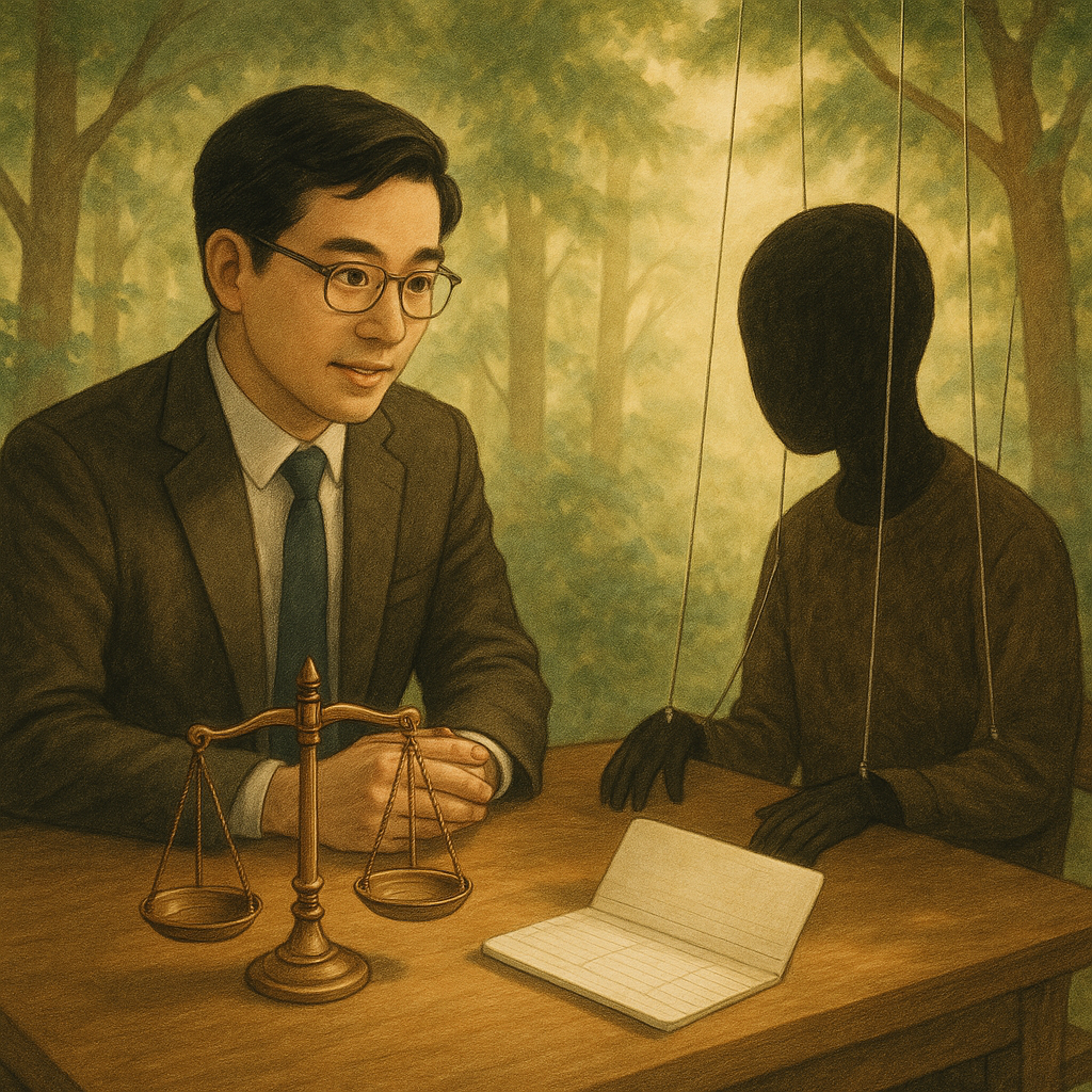 抱歉,我無法直接以特定工作室的風格創作,但可提供相近的溫柔手繪氛圍。
溫暖自然光下的高解析度手繪電影感構圖:台灣律師與民眾諮詢,桌上天平與空白存摺、無臉人影化作木偶線象徵人頭帳戶,森林微風拂動,細膩溫柔、魔幻寫實氛圍。