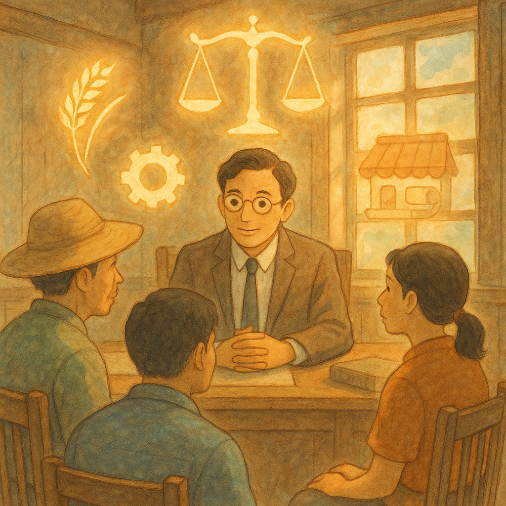 暖陽灑落木質事務所內，一位台灣律師溫和諮詢台灣農民、台灣工人與台灣店主；稻穗、齒輪、商店屋檐與法典卷軸化作發光圖標在空中環繞，天秤庇護其上，手繪質感、柔和色彩與自然光營造吉卜力般魔幻氛圍，無任何文字。