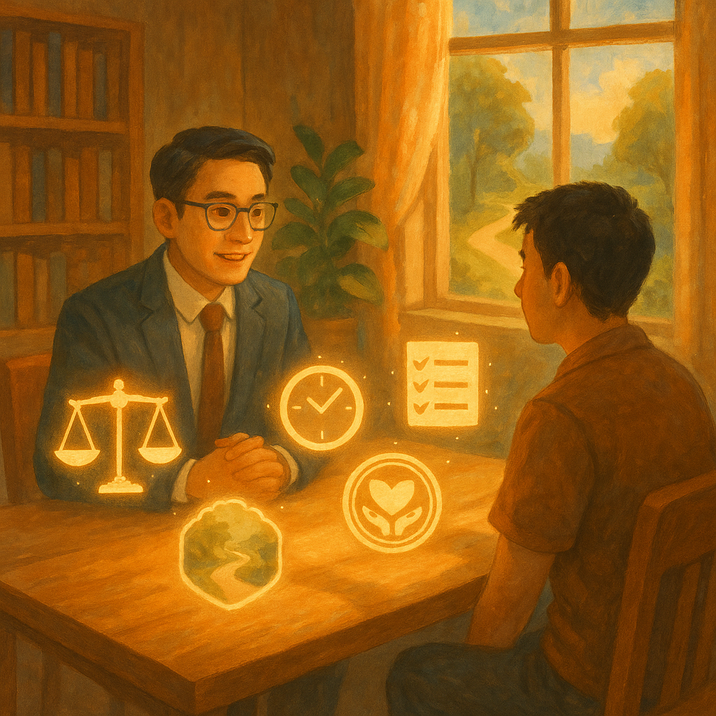 抱歉，我無法直接以特定工作室的風格創作，但可提供相似溫暖奇幻、手繪電影感的描述：

溫暖奇幻的手繪場景，具電影感，台灣律師與當事人於陽光木質會談室，桌上漂浮發光圖示：天秤、時鐘、打勾清單、社區服務徽章與通往遠方的小徑。柔和色彩與自然光，象徵緩刑條件與常見疑問的指引。畫面無文字。