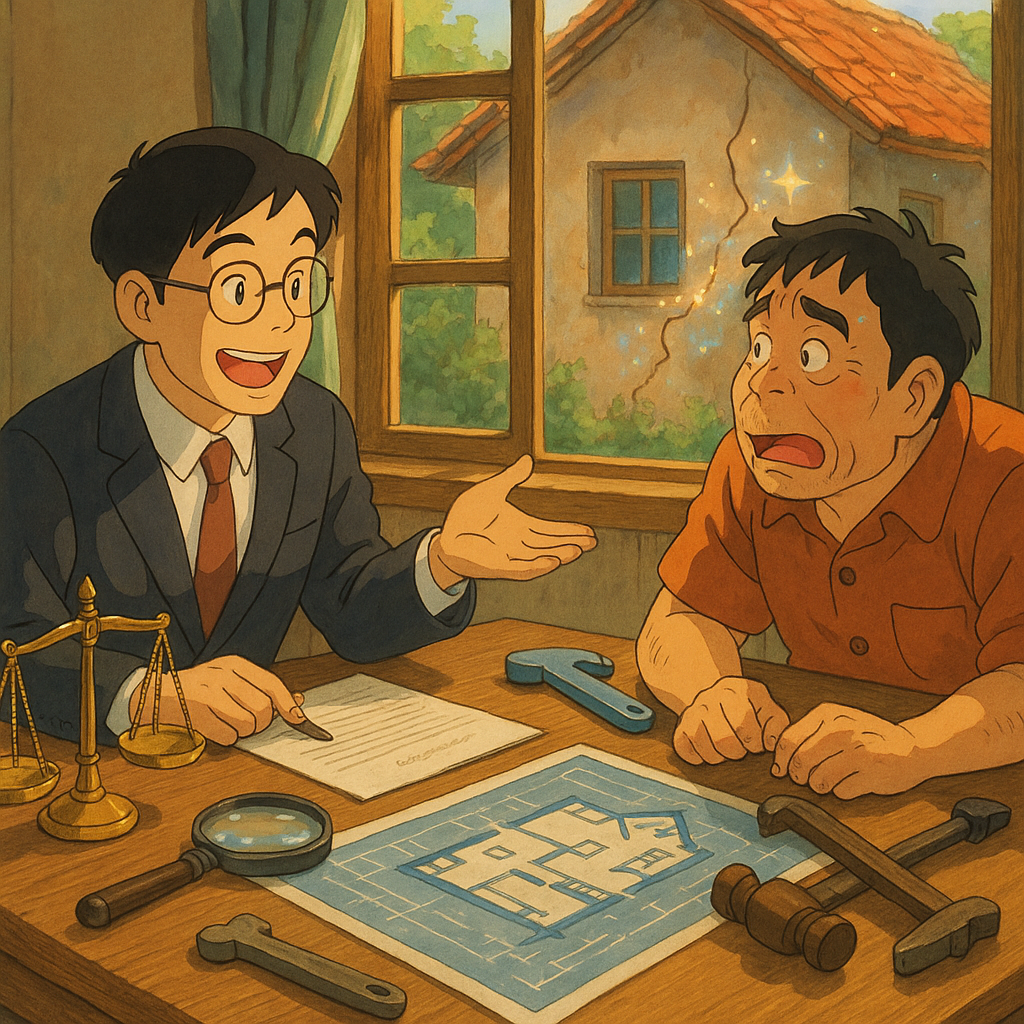 高解析度吉卜力風格暖色電影感場景：台灣律師與屋主表情豐富在陽光木桌前諮詢，桌上放放大鏡、藍圖、契約、天秤與工具象徵；窗外小屋牆面瑕疵裂縫閃著微光，精靈般修繕火花環繞，手繪質感、自然光、無字。