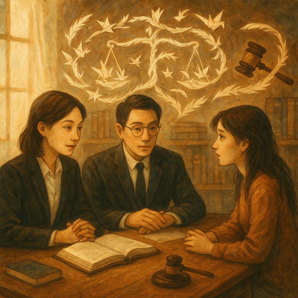 柔和自然光與色調中，兩位台灣律師與當事人在木質書桌前諮詢；細緻手繪質感，溫暖奇幻、電影感氛圍。耳語化作羽毛與紙鶴繞成天秤與法槌，象徵妨害名譽的流言與爭點；畫面無文字。