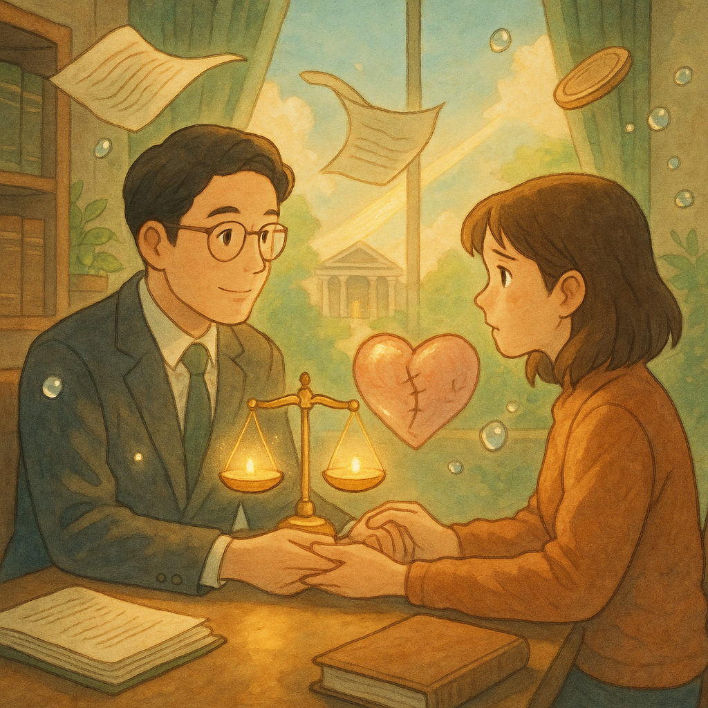 柔和自然光的吉卜力風格畫面：台灣律師與當事人溫暖諮商，手繪質感。發光天秤、縫合的透明心、飄動卷宗與硬幣露珠環繞，遠方法院化作光路指引，寓意精神賠償與行動建議，畫面無文字。