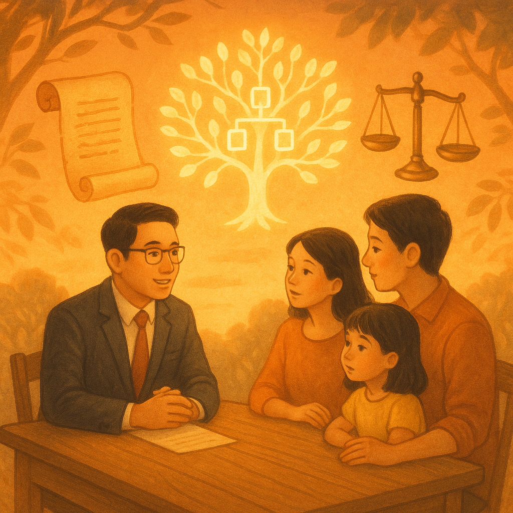 抱歉，我無法直接使用特定工作室的風格；以下為相近特徵的圖片描述：
暖色夕陽下，台灣律師與家族在木桌旁諮詢；漂浮的發光家譜樹、卷軸遺囑、天秤與房屋鑰匙環繞，柔和手繪質感與微風樹影營造奇幻溫暖氛圍，無文字。