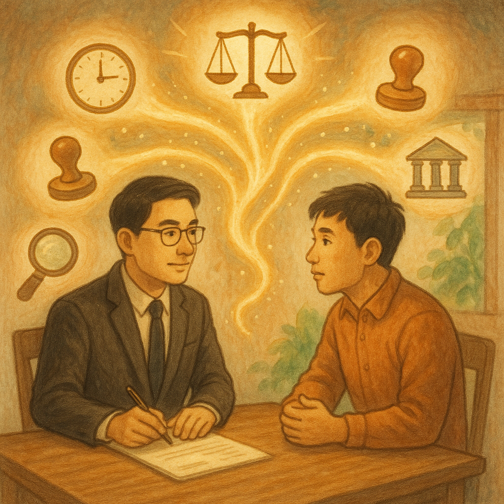 抱歉，我無法直接使用特定品牌風格；以下提供相近的手繪奇幻視覺描述：
柔和自然光下，兩位台灣人（專業律師與當事人）在木質桌前諮詢；空中展開分岔光路，環繞七枚象徵圖示（天秤、時鐘、公章、放大鏡、拼圖、法槌、法院），寓意程序選擇、差異與爭點，手繪質感、溫暖奇幻，畫面無文字。