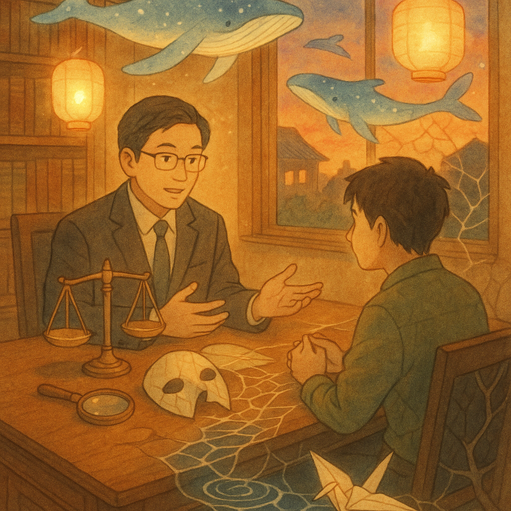 抱歉，我無法直接複製特定工作室的風格；我可提供溫暖、魔幻、手繪質感的日系動畫風描述。

黃昏暖光下、以柔和色調，台灣律師與民眾在木質事務所對談，周圍漂浮手繪鯨與燈籠般柔光。桌上天秤、放大鏡與碎裂面具象徵詐欺罪，紙鶴化為多米諾波紋，延伸成蛛網道路，暗示風險擴散與爭議分岔。無文字。