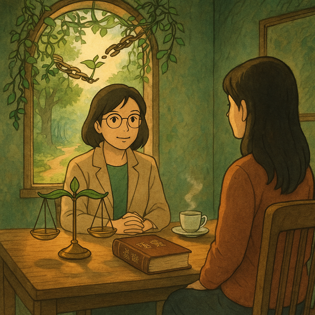 自然柔光森林診間裡，台灣諮商師與個案對坐，桌上葉片天平與法典、溫茶相映；窗外藤蔓化作斷鏈新芽，遠方小徑通向晨曦，療癒奇幻手繪質感，吉卜力風電影感。