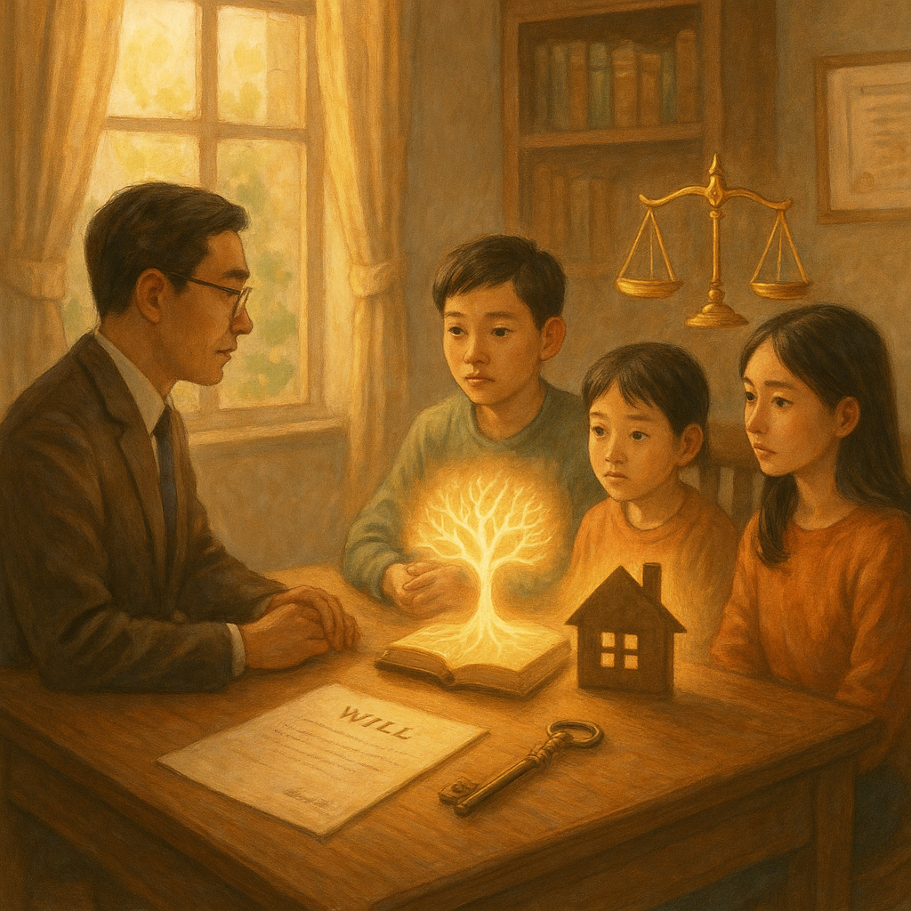 日光灑入溫暖的手繪律師事務所，台灣人律師與兄妹對坐諮詢；桌上無字遺囑、古鑰與家屋剪影旁漂浮天秤與發光家譜樹根，細膩筆觸與柔和色調、自然光營造奇幻電影感，象徵繼承爭議與法律抉擇。