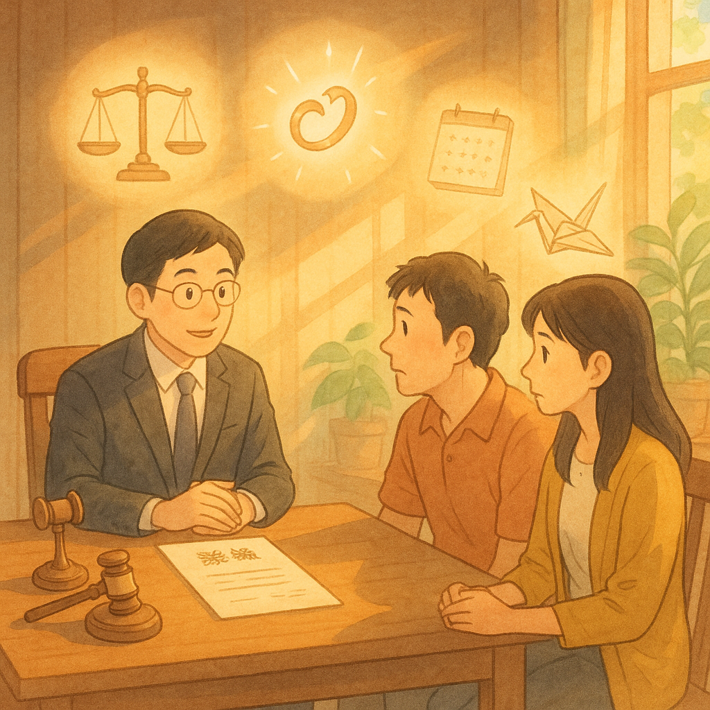 吉卜力式溫暖手繪場景，柔和色調：陽光灑入木質律所，台灣律師與一對台灣夫妻諮詢；天平、法槌、日曆與離婚文件在空中化作柔光圖像，破碎戒指化為紙鶴飛旋，綠植搖曳，畫面無文字。