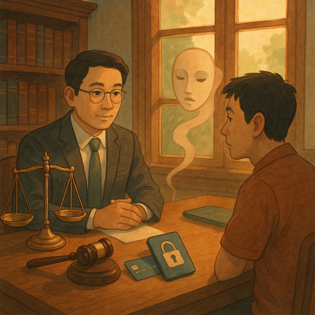 抱歉,我無法直接套用特定工作室的風格。不過這裡有一段具相似特質的圖像描述:
溫暖、奇幻的手繪動畫風:夕光灑入木質律師事務所,台灣律師與民眾對坐諮詢;桌上有天秤、法槌、上鎖的手機與銀行卡旁漂浮面具靈影,象徵人頭帳戶風險;柔和色調與自然光,細膩筆觸,沉靜而希望感;畫面無文字。