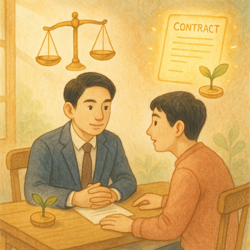 溫暖自然光與柔和色調的手繪場景中，台灣人律師與民眾在木桌諮詢借貸；漂浮的天平、發光契約與化為嫩芽的硬幣環繞，細膩質感、童趣奇幻、情感沉浸。