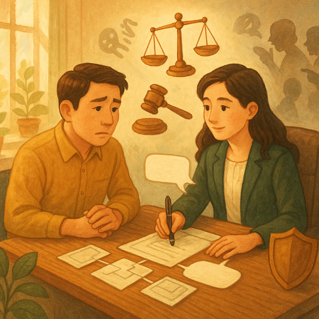 溫暖奇幻手繪風的辦公室：台灣職場人士與律師諮詢，柔和自然光灑落，表情細膩。角落漂浮天平、法槌與盾牌，陰影化流言、孤立與指點在遠方淡去，桌面展開路徑卡片與空白對話框，呈現常見問題的梳理與解方，無文字。