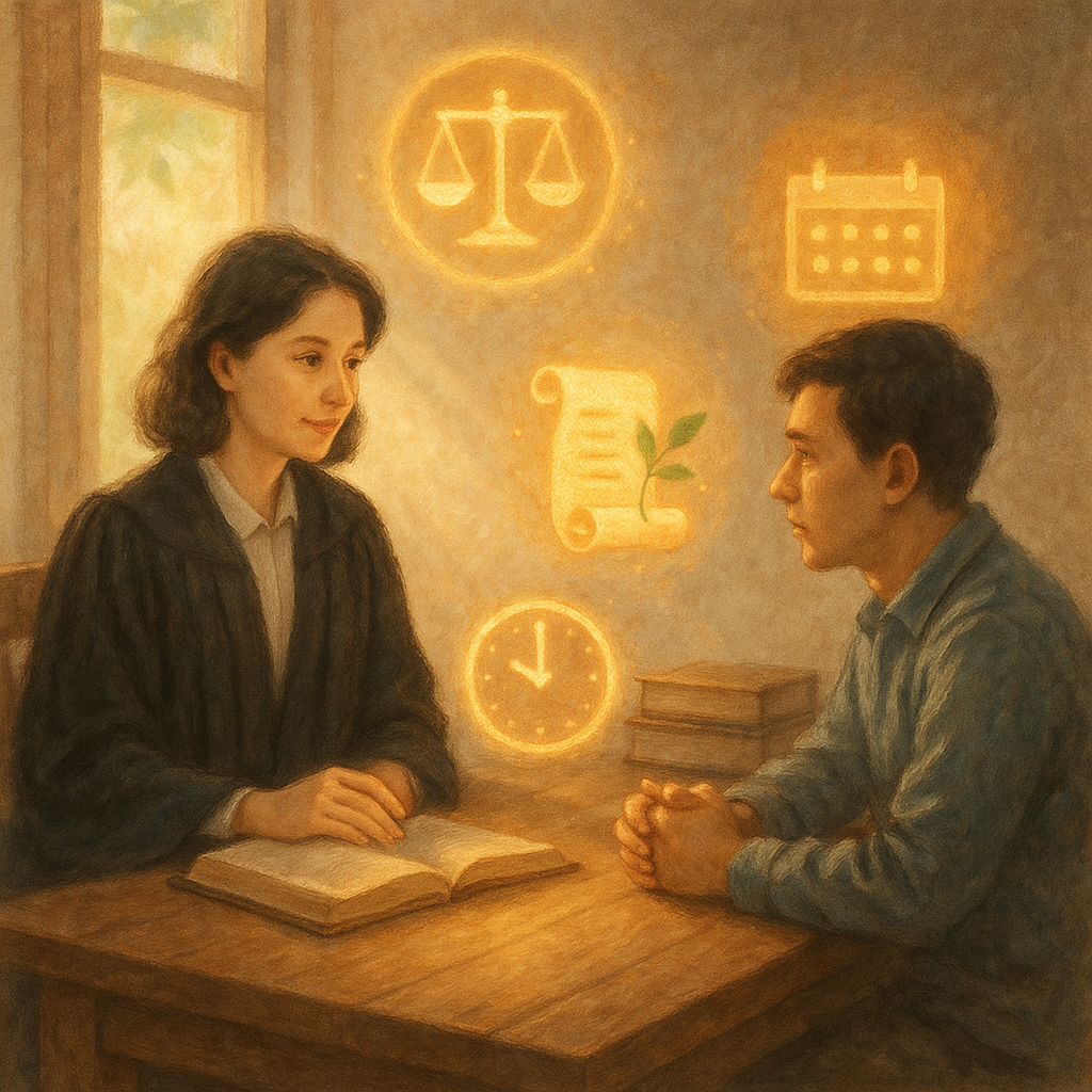 溫柔手繪、柔和色調、魔幻寫實的高解析插畫：台灣律師與當事人在木桌旁諮詢，自然光灑落。天平、日曆與時鐘化作發光圖標環繞，卷軸長出綠芽，象徵緩刑條件與善後方向；畫面無文字，情感溫暖、具電影感。