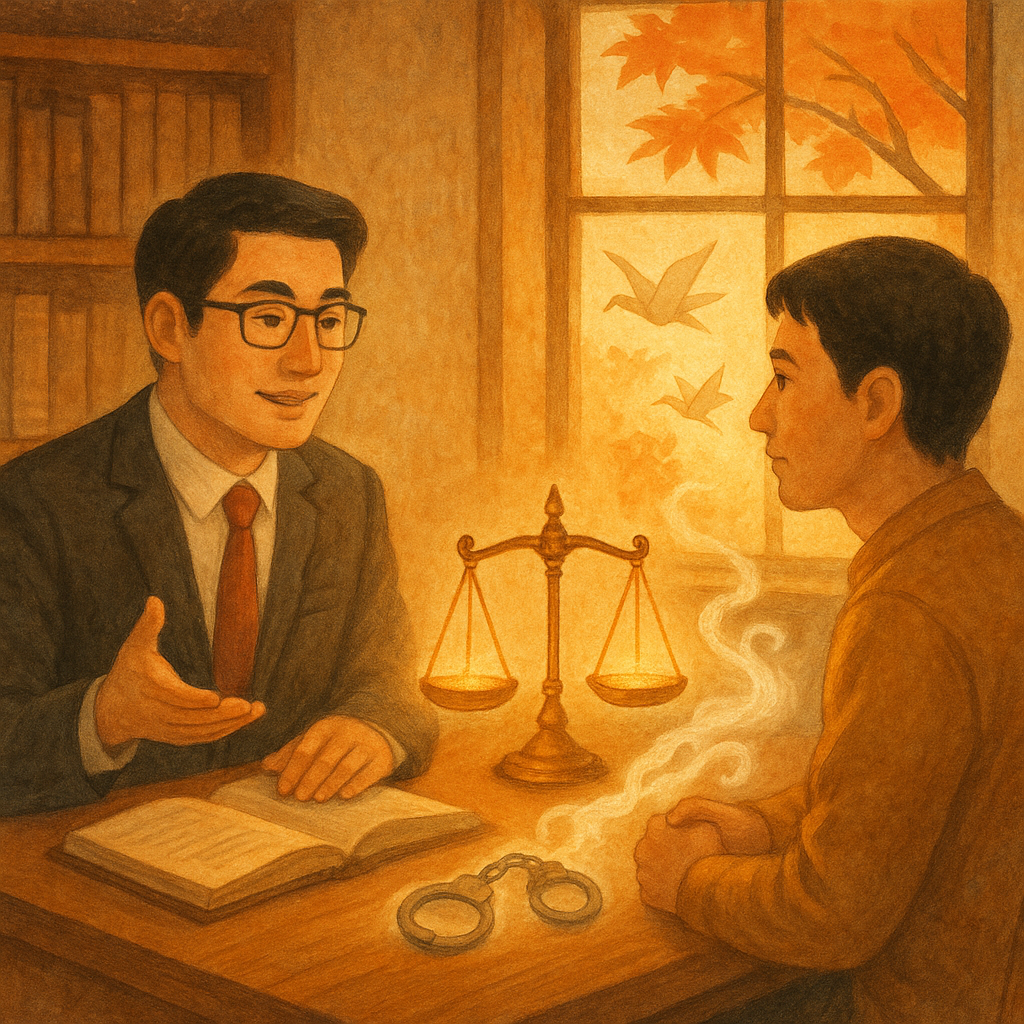 暖光下,台灣律師與當事人於木質事務所對談,手邊發光的天秤與化作雲煙的手銬,象徵借帳戶爭議釐清與判無罪;柔和色調、手繪質感,窗外風拂楓葉與紙鶴增添奇幻暖意,畫面無文字。