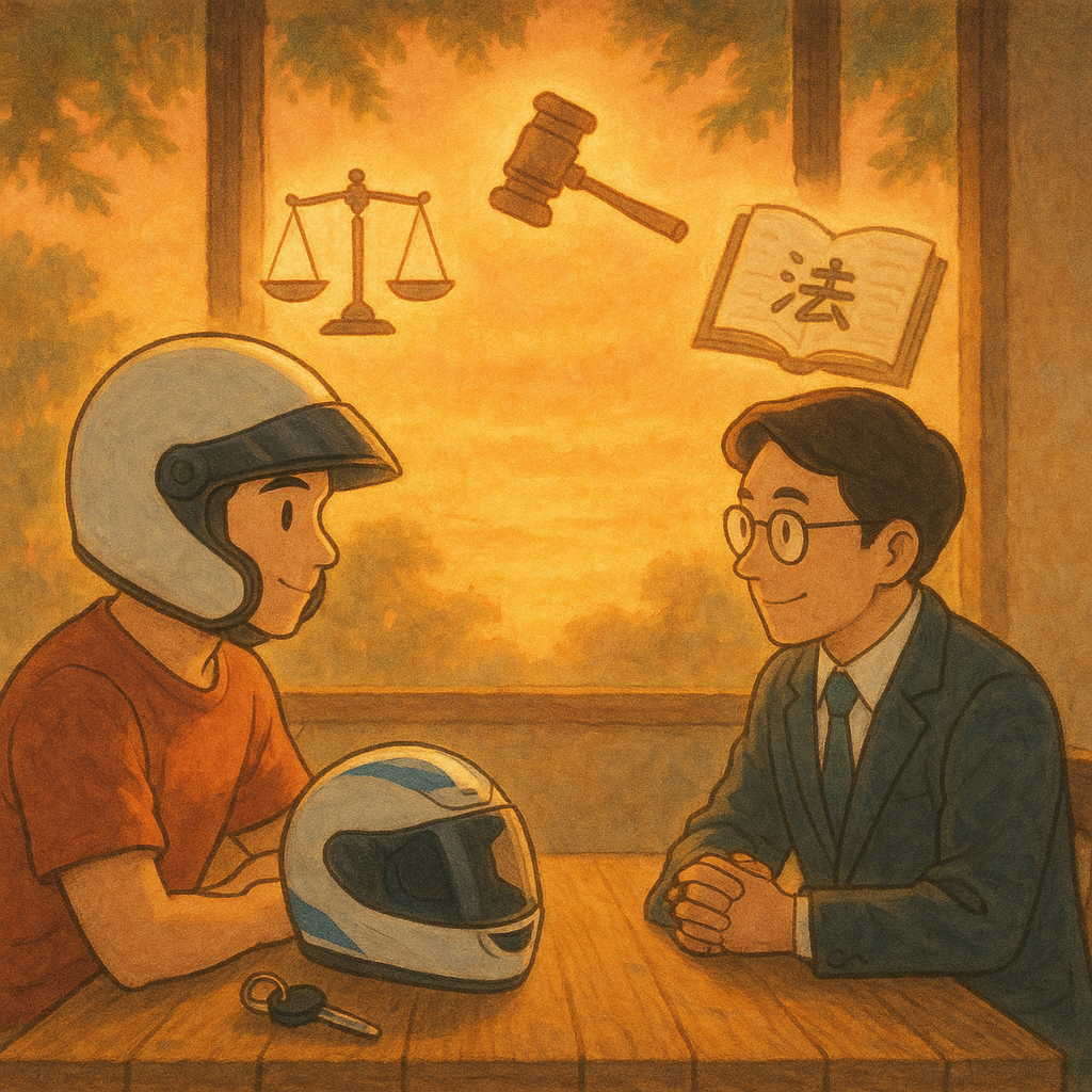 柔和夕光下，台灣車手與律師於木桌溫暖會談，頭盔與車鑰相依。微光化作天平、法槌與法書在空中漂浮，手繪質感、吉卜力風的電影式構圖，自然溫暖，兼具現實與奇幻。