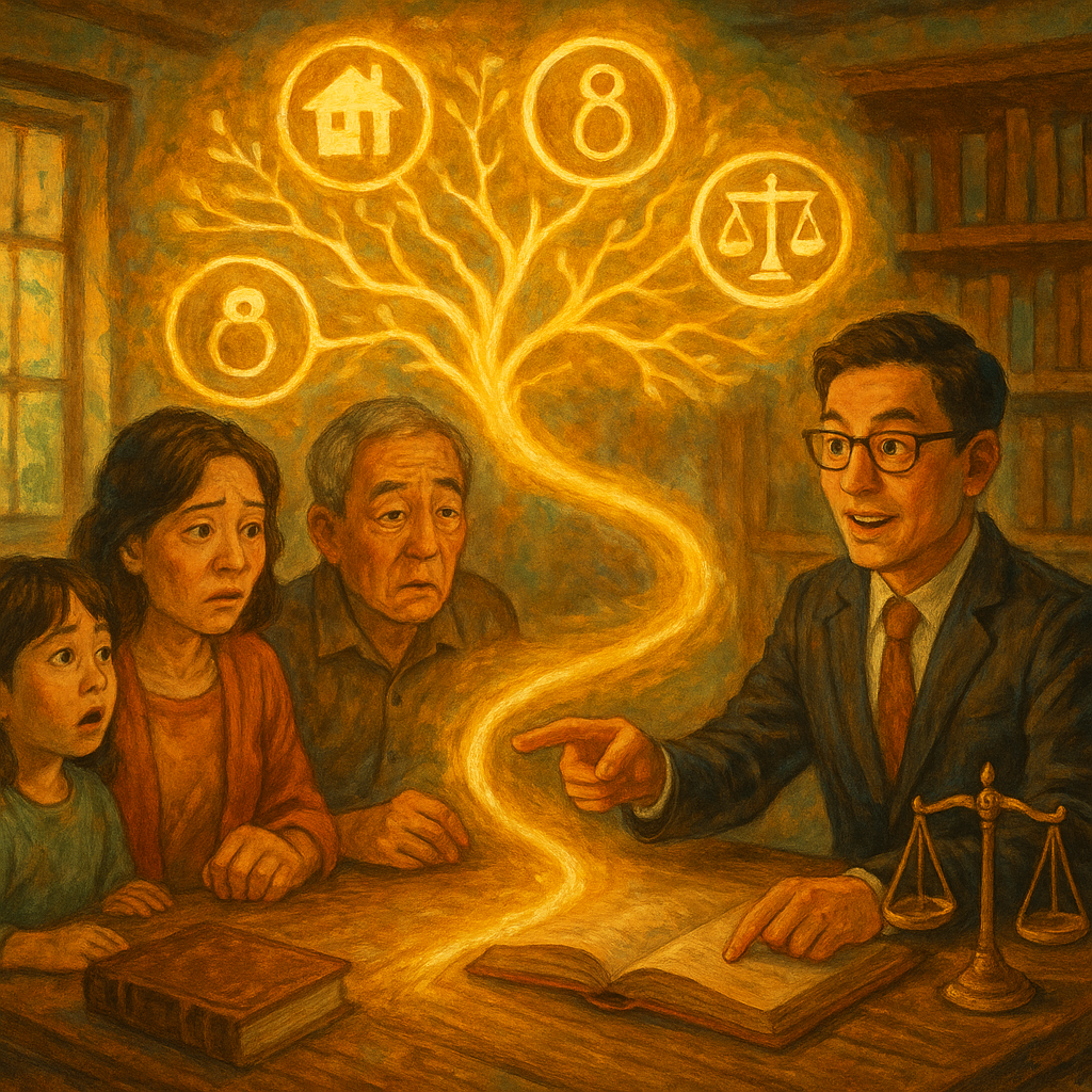 暖色自然光下，台灣人律師與家族在書房諮詢，表情豐富，手繪質感、奇幻電影感。發光家譜樹化作光路，連結房屋、戒指、鑰匙與天平圖像，象徵繼承與分配。律師指向前方金色徑，寓意結論與行動建議，畫面細膩、無文字。
