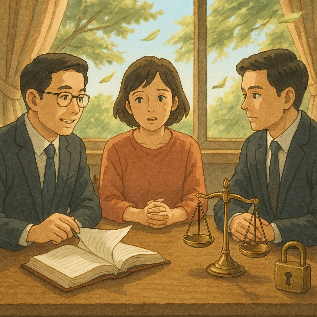 溫柔自然光下,兩位台灣律師與當事人圍坐木桌研討案例,靈動紙頁與天秤、鎖與細線象徵強制罪與爭議點,溫暖林風拂動,高解析度吉卜力式手繪質感、無文字。