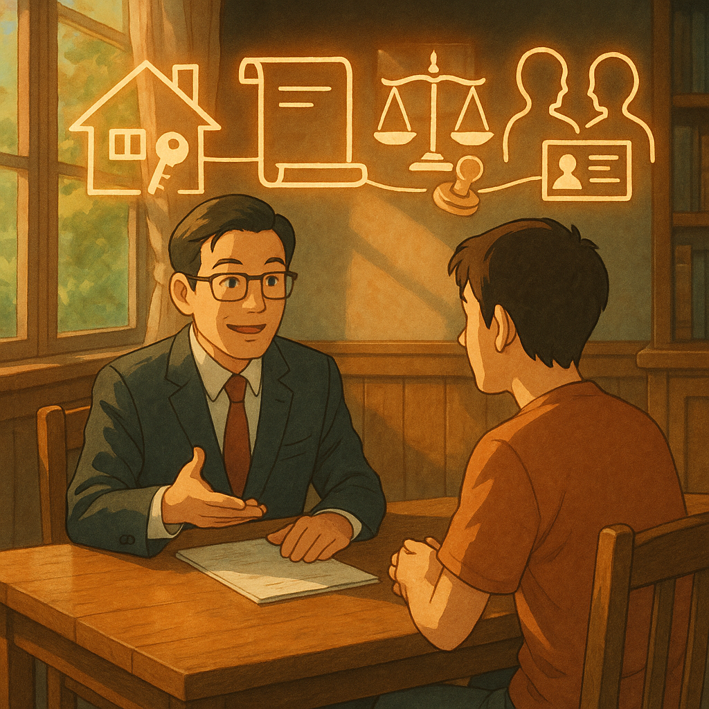 高解析、電影感，吉卜力風格、暖色自然光；台灣律師與民眾在木質會談桌旁，桌上漂浮手繪符號：房屋與鑰匙疊影、無字契約卷、天秤與印章、雙重人影與身分證圖示連成細線，寓意借名登記風險與行動呼籲。