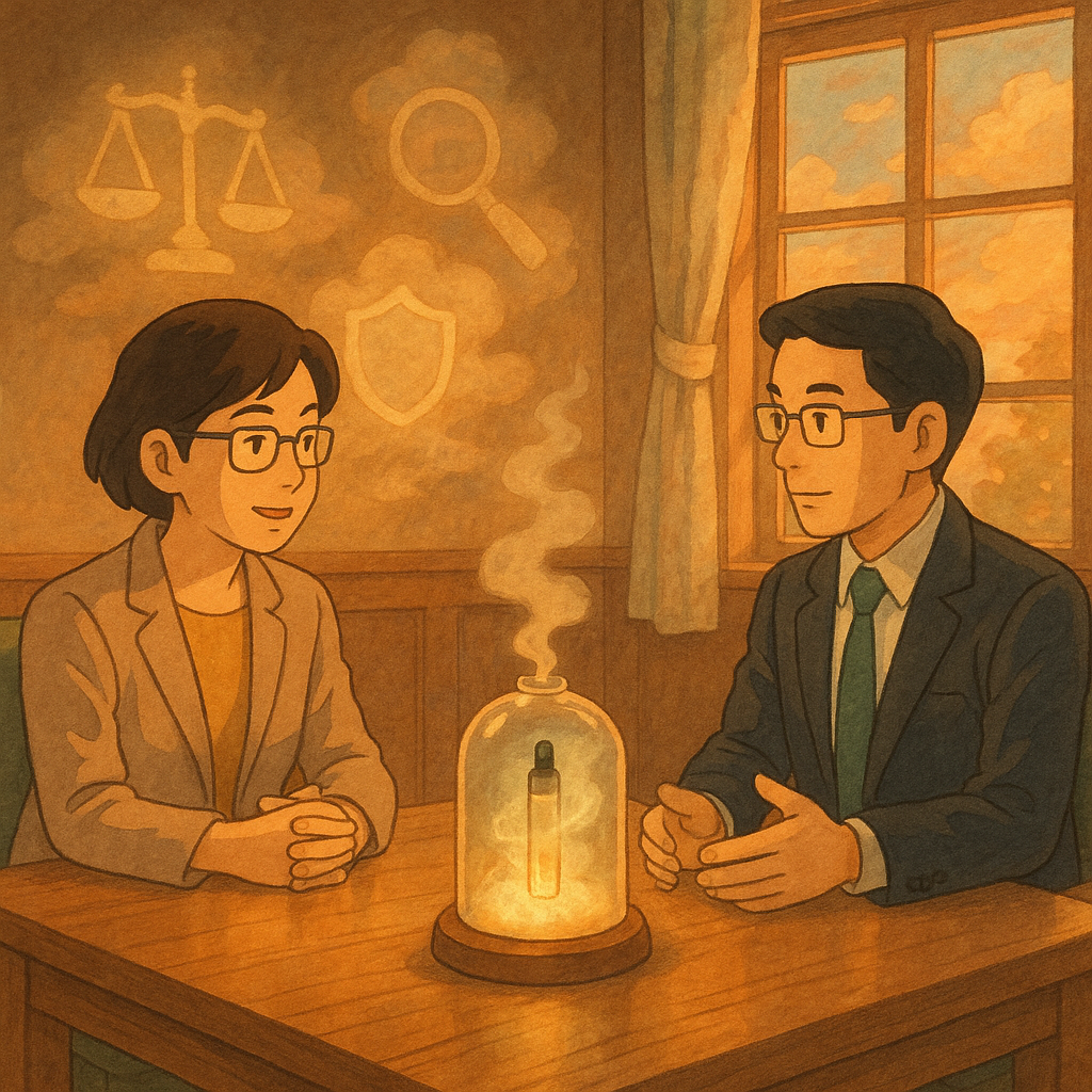 吉卜力風格的溫暖會談室裡，兩位臺灣法律與公共衛生專業者對坐，桌上玻璃罩內的發光霧化煙彈象徵依托咪酯議題；柔和夕光穿窗，木紋與飄散的雲霧化作天秤、放大鏡與盾牌符號，凸顯案例研究與爭議的法律諮詢氛圍。