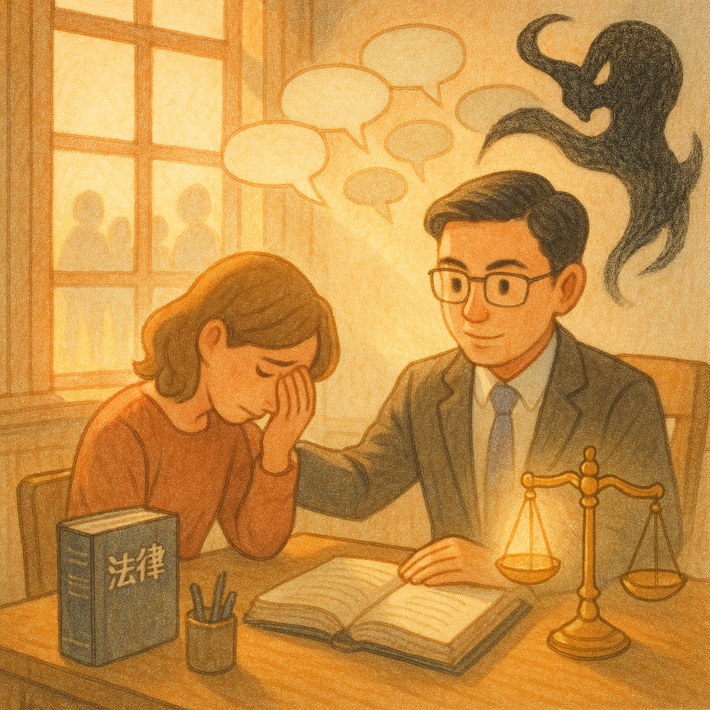 暖陽灑入木質事務所，台灣律師安撫當事人；窗外模糊人群化作碎裂語泡與黑影，旋向發光天秤。手繪質感與柔色描出奇幻暖意，象徵公然侮辱終獲定論。