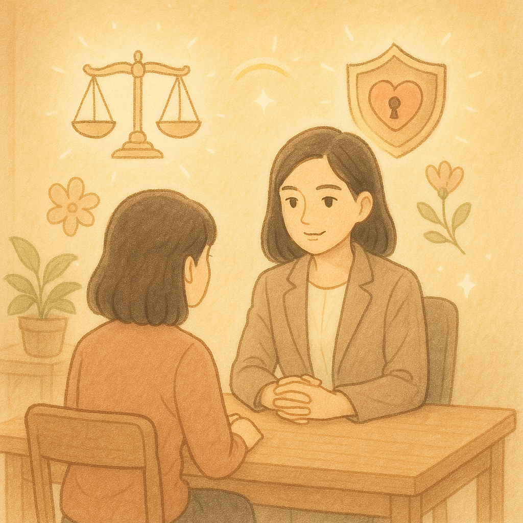 溫暖柔光、柔和色調的手繪相談室，一位台灣女律師與當事人對坐；周圍漂浮天平、盾牌包裹愛心與鎖、花與光環等象徵，呈現妨害性自主議題的安心諮詢與指引，吉卜力風、細膩質感、無文字。