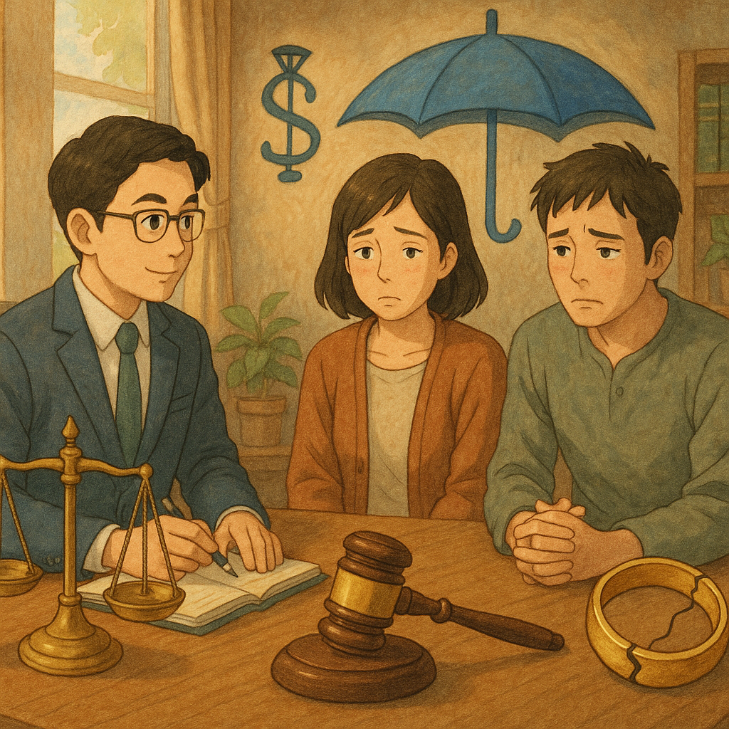 吉卜力式高解析插畫，柔和自然光與手繪質感。台灣人律師與一對夫妻在溫暖事務所諮詢、表情細膩，天平、裂紋婚戒與法槌、保護傘符號環繞，象徵侵害配偶權與修復。現實與奇幻平衡，無文字。