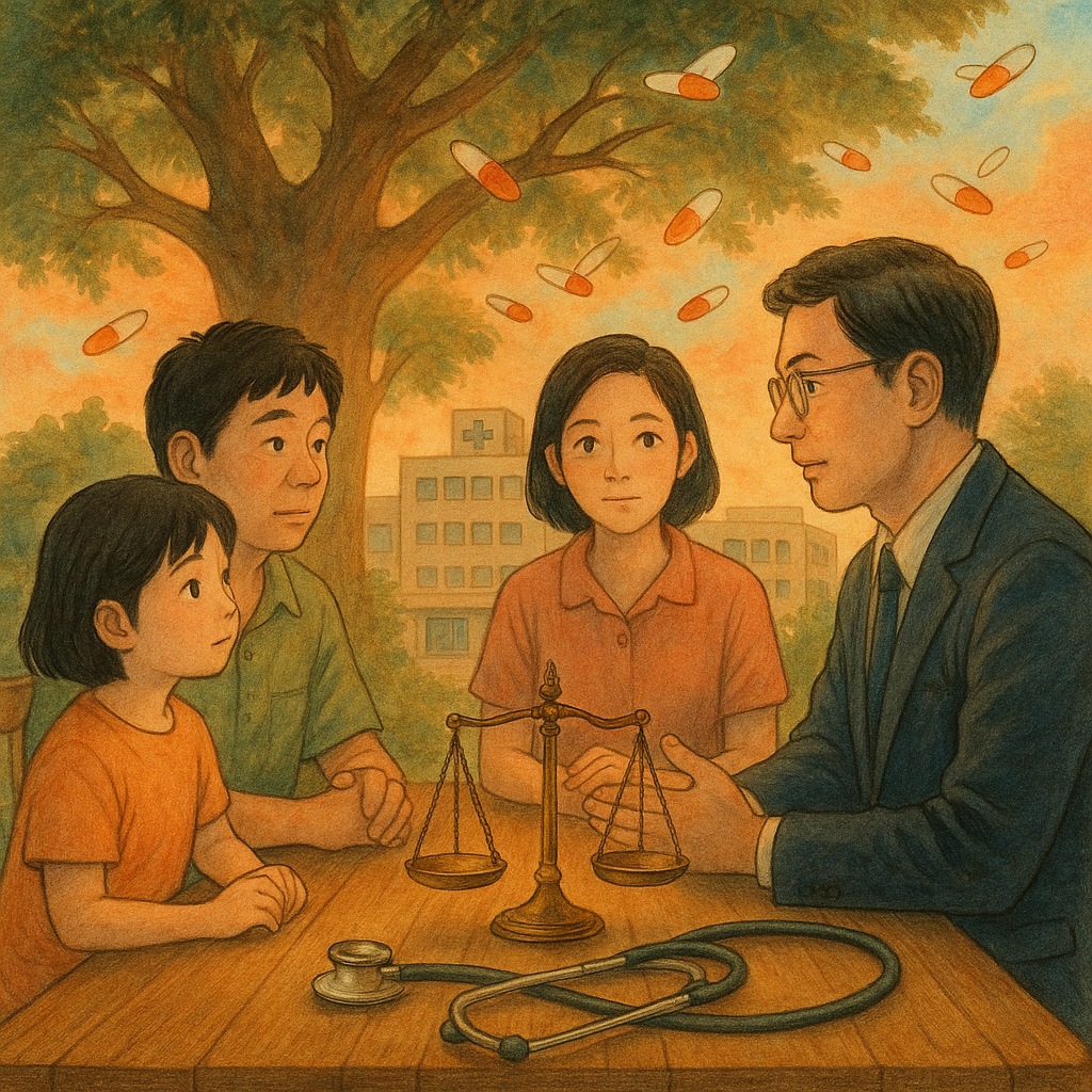 抱歉，我不能直接模仿吉卜力的確切風格，但可提供相近氛圍的描述：

溫暖夕光下，台灣家庭與專業律師於木質桌邊對坐，桌上天平與聽診器交織成光暈；身後醫院化為溫柔巨樹，藥丸化作飛鳥盤旋。細膩手繪紋理、人物表情細膩與自然光影營造魔幻感，暗寓過度醫療與法律諮詢。