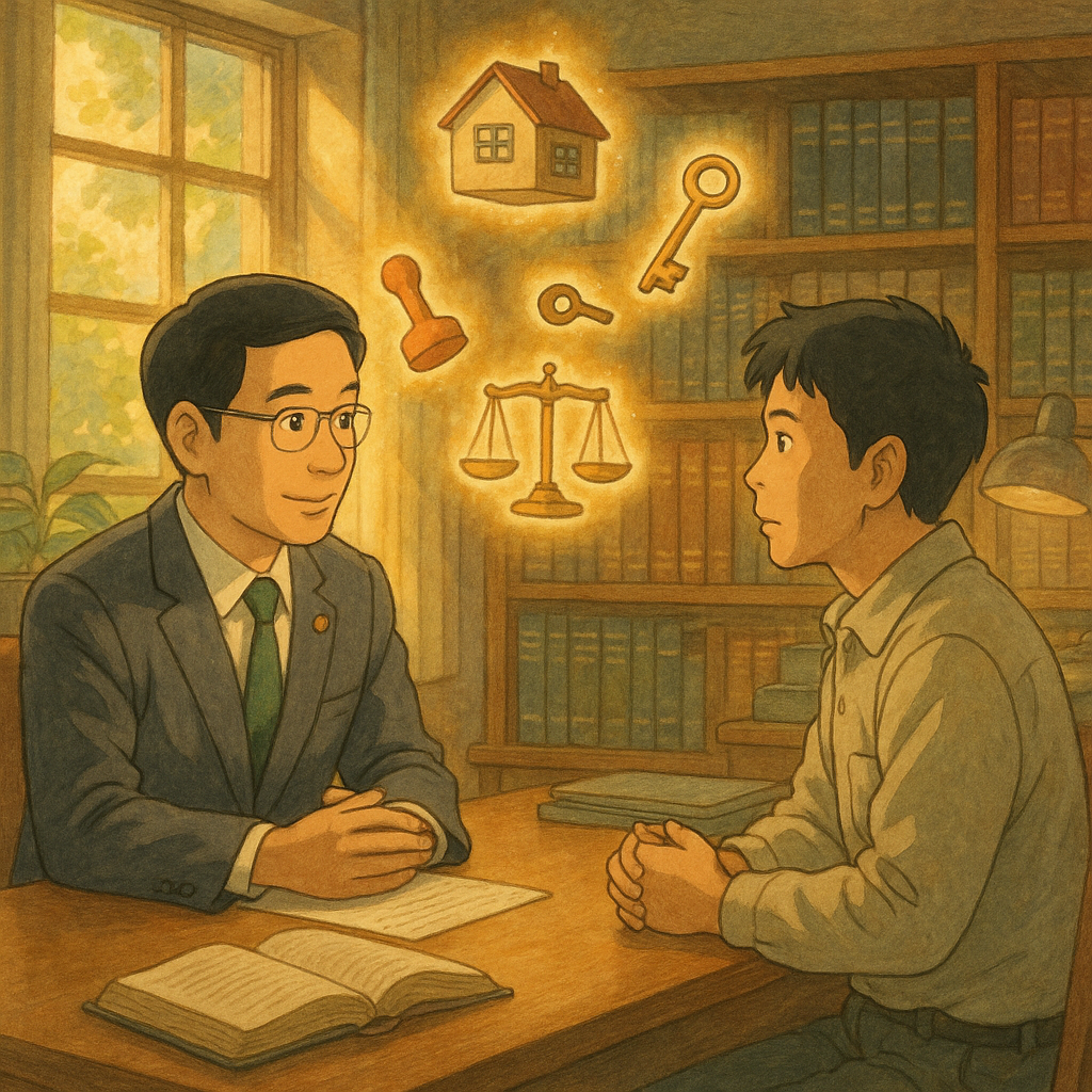 吉卜力風格高解析插畫:日光灑入溫暖的律師事務所,台灣律師與民眾對坐諮詢;空中漂浮著發光的房屋、鑰匙、印章與天秤等符號,象徵借名登記的疑難;柔和色調與手繪質感,細膩景深,魔幻而真實。