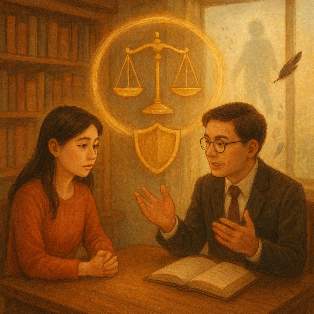 溫暖奇幻風格的手繪場景：台灣女當事人與律師在柔光木質書房諮詢，兩人表情細膩，天平與盾牌光暈盤旋，如守護結界；窗外朦朧影子化為淡淡足跡與烏鴉羽，象徵跟蹤騷擾遠離。