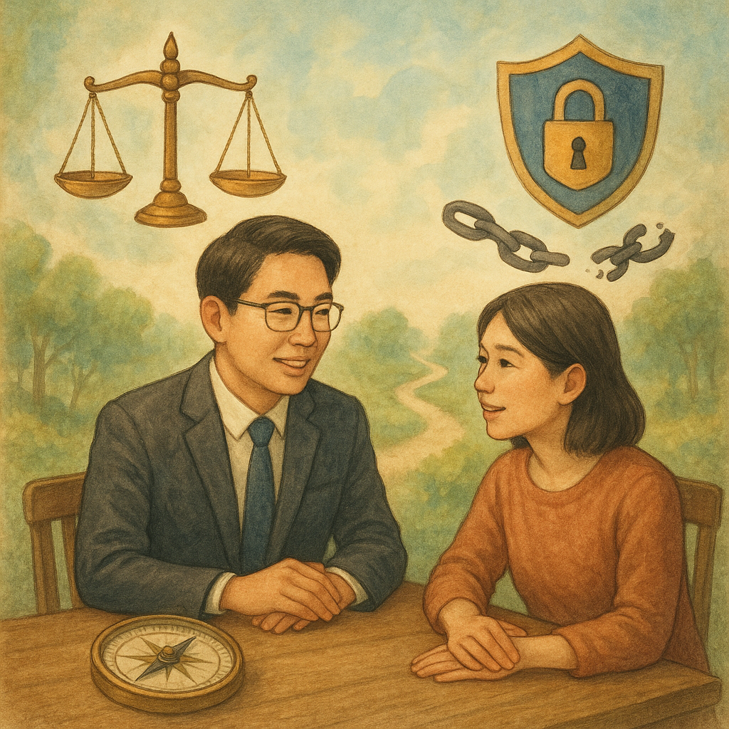 抱歉,我無法直接以特定工作室的風格創作;以下提供具相似特質的描述:
柔和自然光下,台灣律師與民眾在相談桌前表情溫和交流;天平、盾牌與解開鎖鏈漂浮,象徵擺脫強制罪;遠方小徑與羅盤指引行動,高解析度手繪質感溫暖奇幻,畫面無文字。