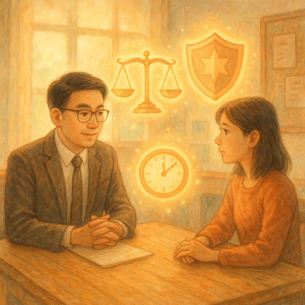 柔光下，台灣律師陪同當事人在溫暖派出所會談；木桌上漂浮發光的天秤、盾牌與時鐘圖像，像精靈般環繞。手繪質感、自然光與輕柔色彩，營造童話般但專業的法律諮詢氛圍，畫面無文字，平衡寫實與奇幻。