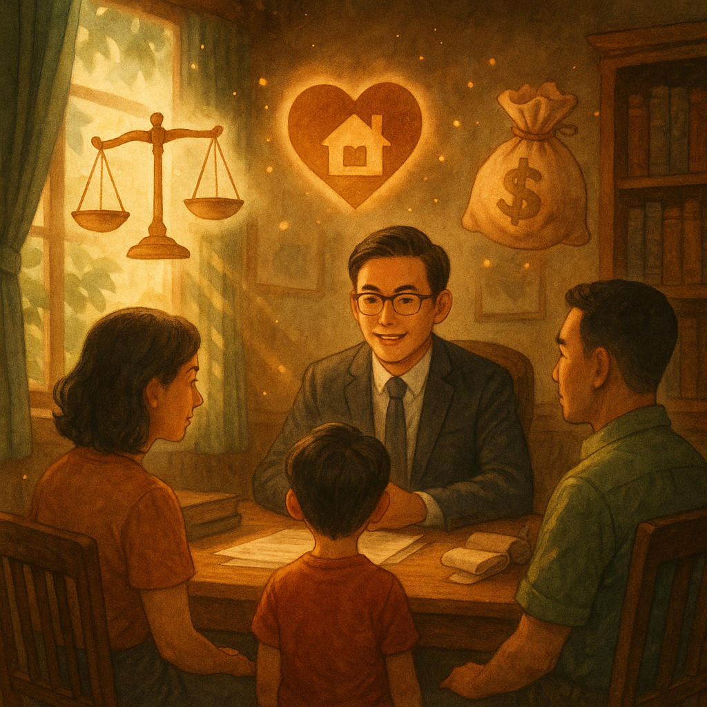 抱歉，我無法直接以您指定的特定風格創作；但我可以提供相似氛圍的描述如下：
溫暖奇幻、電影感的高解析手繪插畫：自然光灑入木質相談室，台灣人律師陪同一對台灣父母與孩子。空中漂浮天秤、心形與小屋、硬幣袋與卷軸，象徵撫養權與贍養費；葉影與光粒增添沉浸感，無文字。