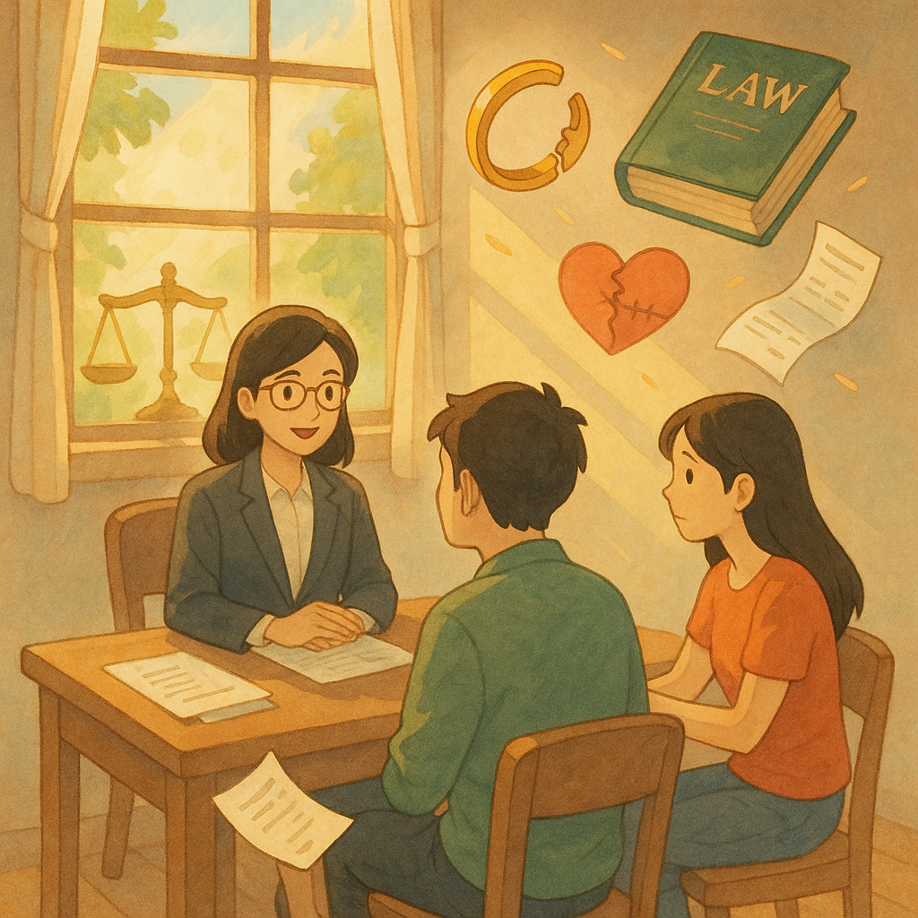 吉卜力溫暖手繪風、柔和色彩：台灣律師與一對民眾在陽光灑落的諮詢室，天平化作光影，斷裂戒指與修補愛心、法律書與收據輕盈漂浮，象徵通姦除罪後民事求償，畫面無文字。